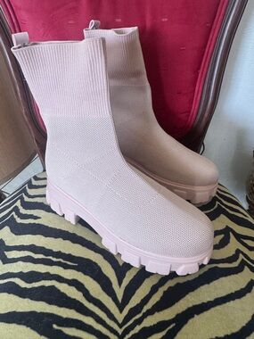 Women's Blush Pink Knit Platform Ankle Booties